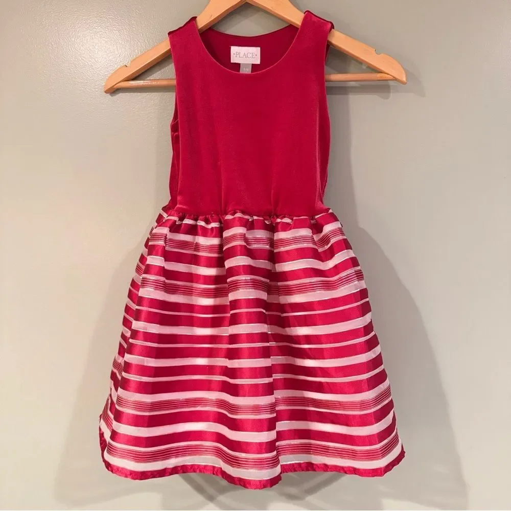 Childrens Place Red Velvet Striped Holiday Tutu Dress S 5-6 Sparkly Christmas EC